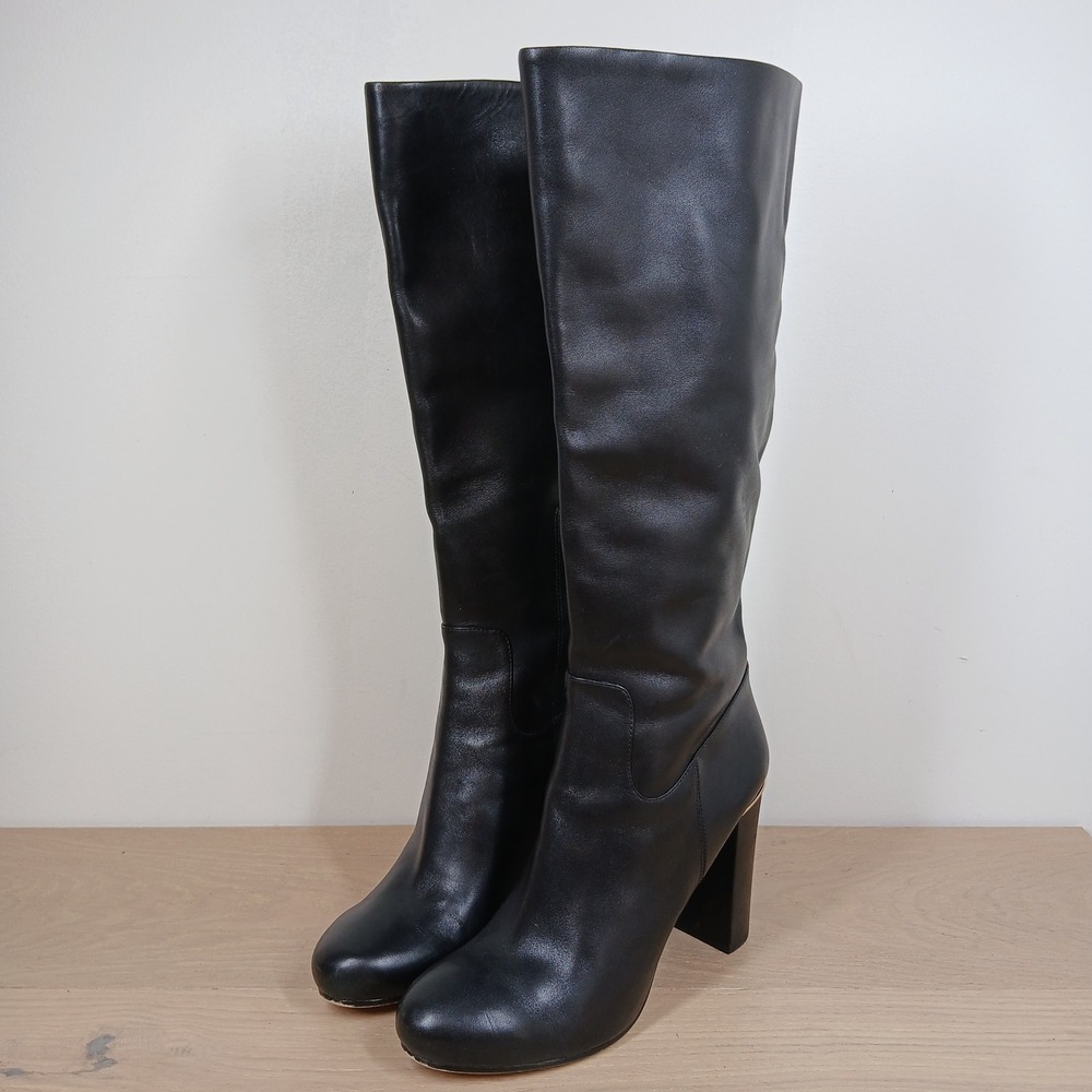 Michael Kors Knee High Boots Women 9 Black Leather Gold Trim Block Heel Elegant